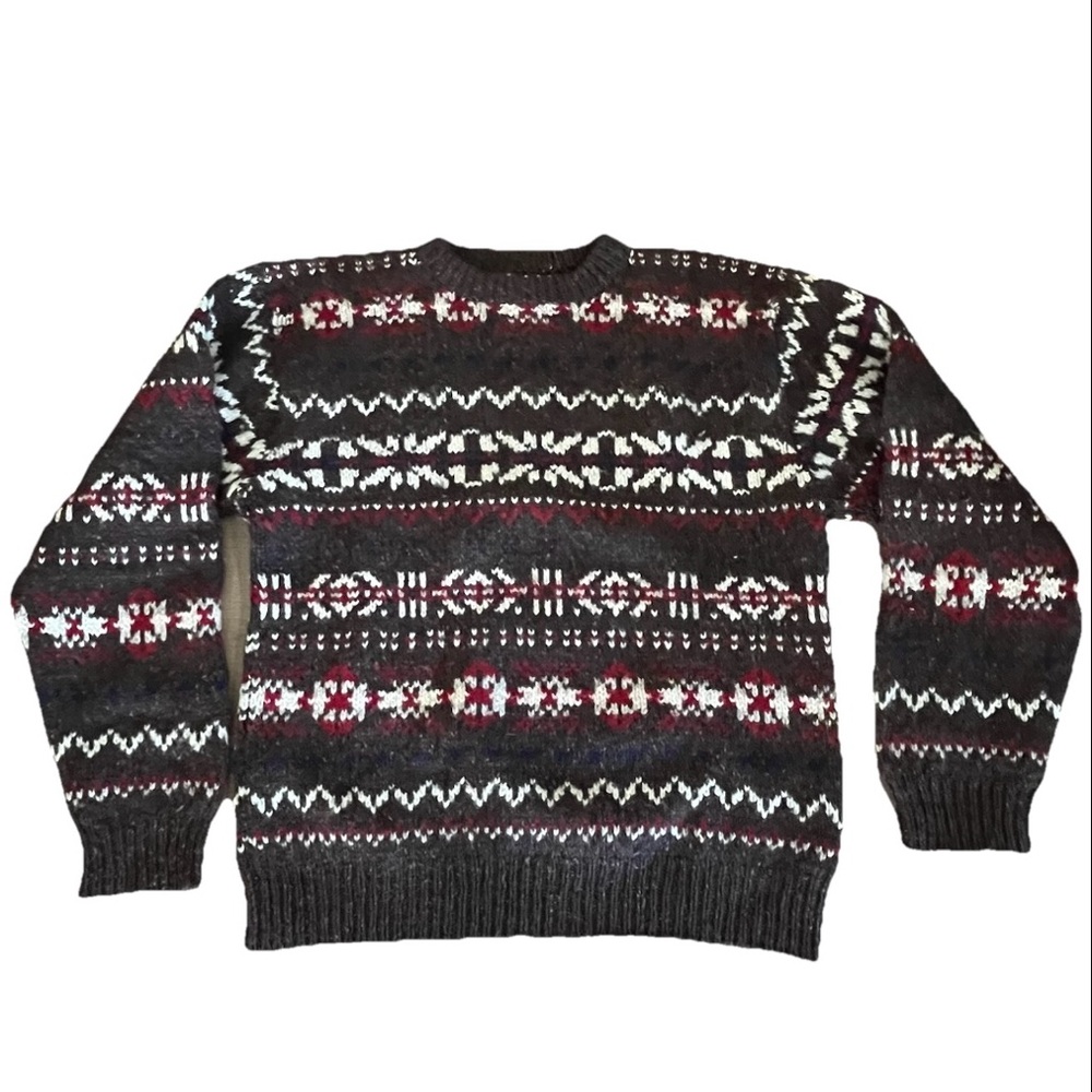 Vintage Wool Sweater Brown/Red Men Medium Fair Isle Nordic Thick Knit Snowflakes
